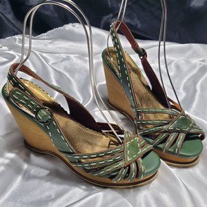 SEYCHELES BOHO green strappy sling back brown wedge platform heeled sandals 8.5